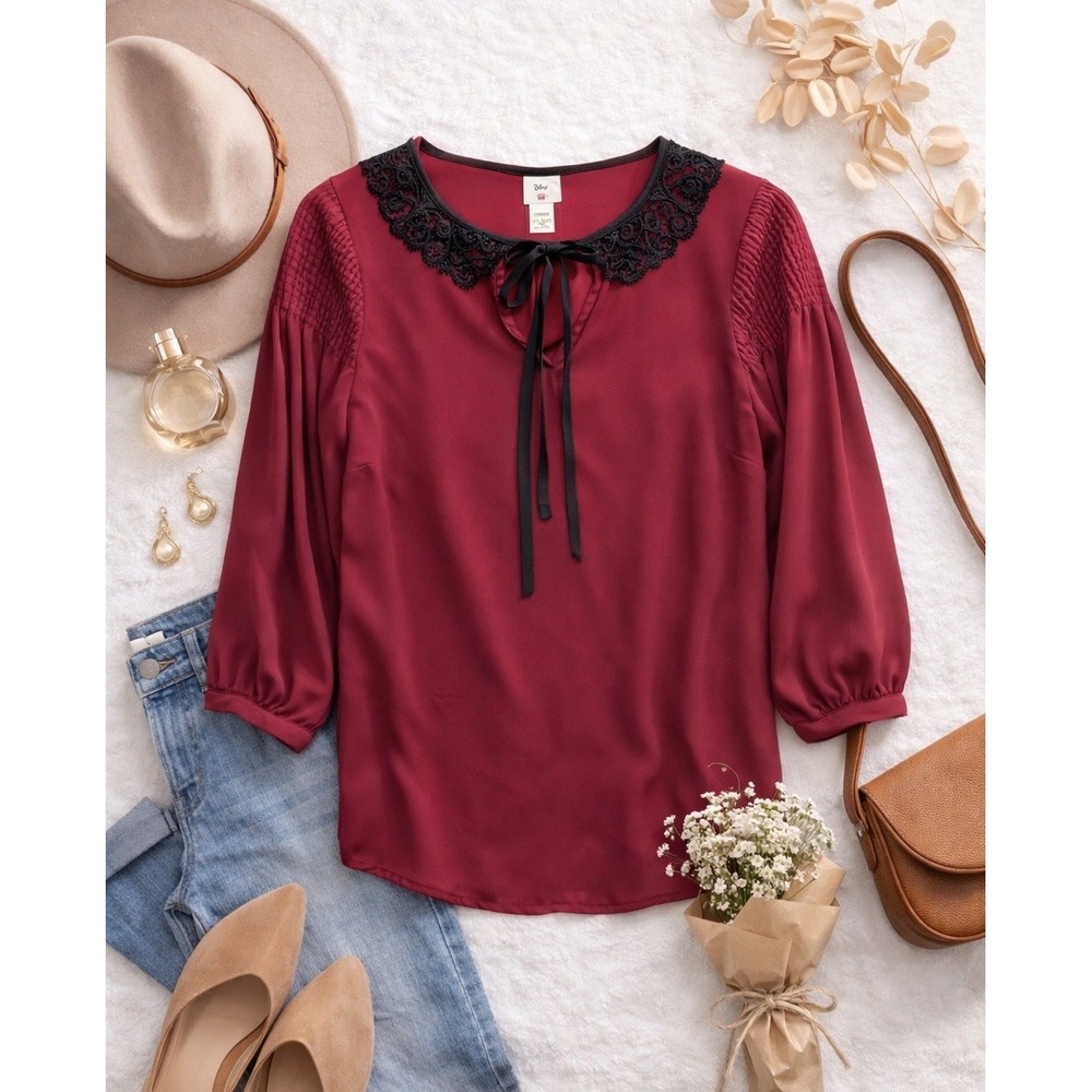 LC Lauren Conrad Disney‎ Blouse Womens Small Burgundy Lace Tie Neck
